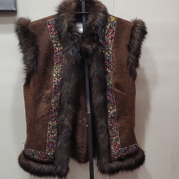 Vtg. Joseph Ribkoff Brown Embroidered Fur-Trim Vest - Picture 1 of 8